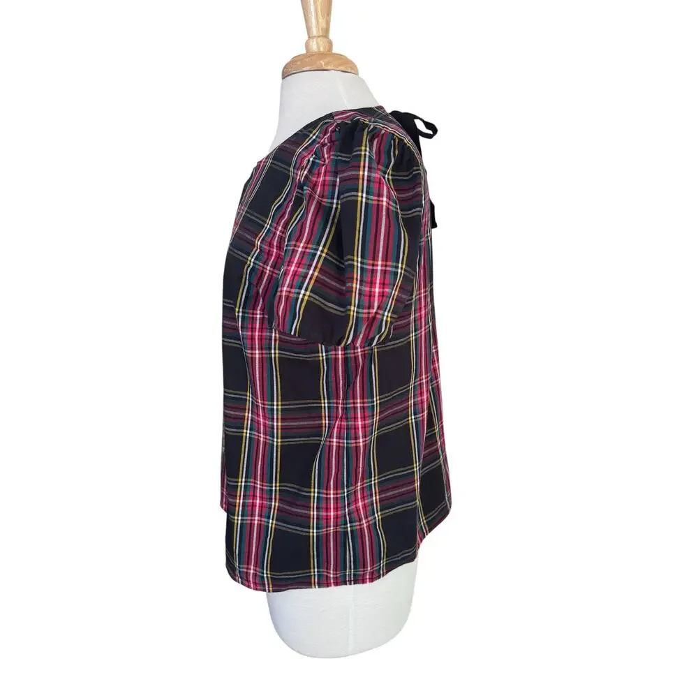 J.CREW Tartan Plaid Poplin Puff Sleeve Top Size Medium Red Black Green Yellow